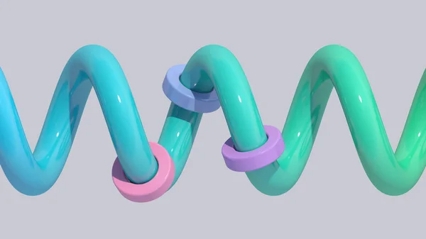 绿色光泽螺旋形和粉红色 紫色圆形 摘要说明 3D渲染 — 图库照片