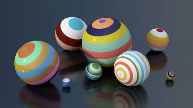 Çizgili renkli toplardan oluşan bir grup. Soyut illüstrasyon, 3d canlandırma.