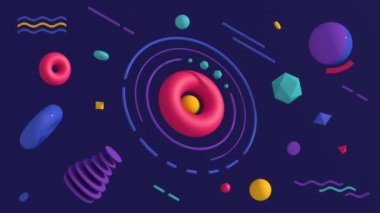 Bir grup hareketli renkli şekil. Mavi arka plan. Soyut canlandırma, 3 boyutlu canlandırma.