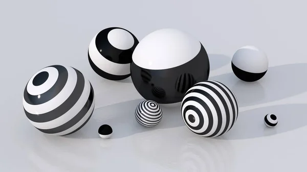 縞模様の黒と白のボールのグループ アブストラクトイラスト 3Dレンダリング — ストック写真