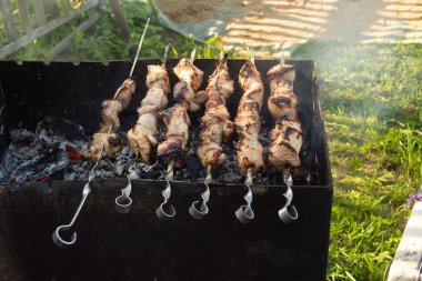 Şişe dizilmiş kızarmış et. Şişler, evde pişirdiğimiz ızgarada sıcak kömürlerin üzerinde yatıyor.