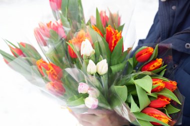 Erkeklerin elinde bir sürü renkli lale buketi var. Tatil için tebrikler..