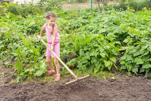 Musim Panas Seorang Gadis Prasekolah Halaman Belakang Mendayung Tanah Dengan — Stok Foto