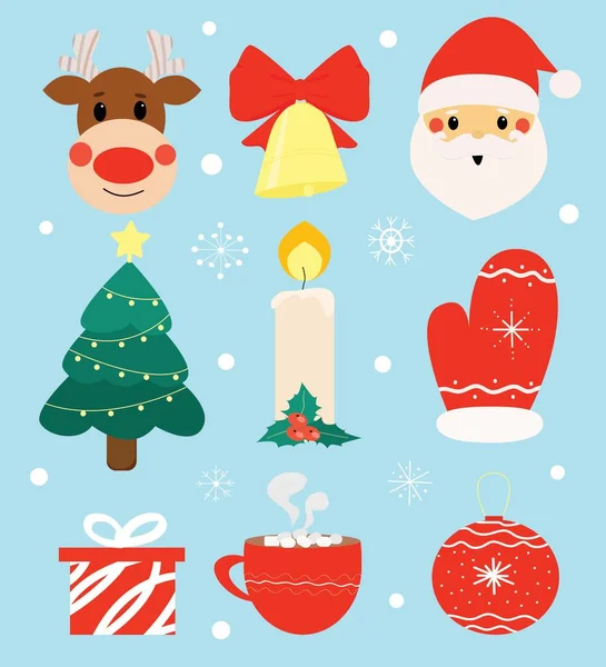 Christmas Vector Set Flat Cartoon Style Santa Claus Reindeer Christmas — Stock Vector