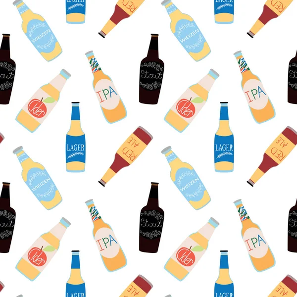 Бесшовный Рисунок Различными Видами Пива Стеклянных Бутылках Бесконечный Векторный Орнамент — стоковый вектор