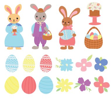 Bayramlık Paskalya seti. Paskalya tavşanları, süslü yumurtalar, bahar çiçekleri, yumurtalı sepet ve beyaz arka planda izole edilmiş Paskalya pastası. Vektör düz resimleme.