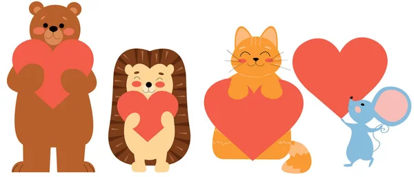 Conjunto Lindos Animales Planos Vectoriales Oso Erizo Gato Ratón Sostienen — Vector de stock