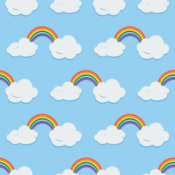 Симпатичный узор с яркой радугой и облаками в мультяшном стиле на синем фоне. Детский бесконечный орнамент.