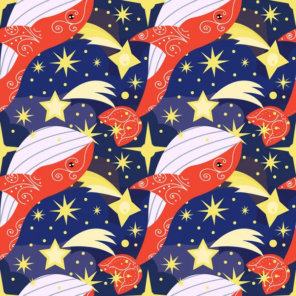 Vektornahtloses Muster Mit Großem Wal Nachthimmel Mit Sternen — Stockvektor