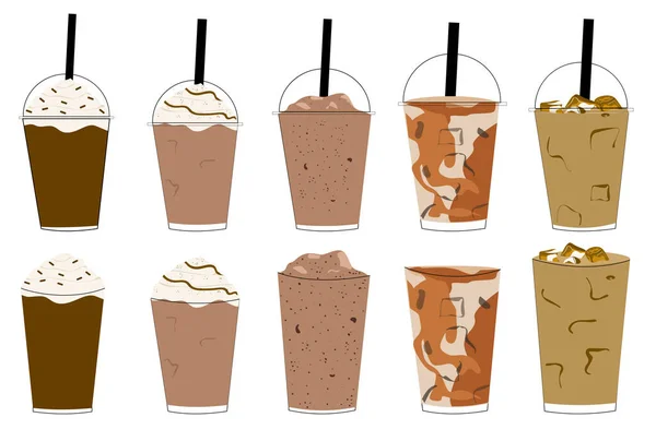 Set Kaffee Und Einem Glas Sommergetränke Eis Latte Frappe Kaffee — Stockvektor