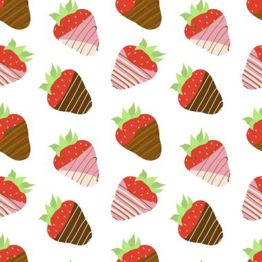 Beyaz arka planda çikolata kaplı çilekli kusursuz vektör deseni. Bitmeyen tatlı süsü..
