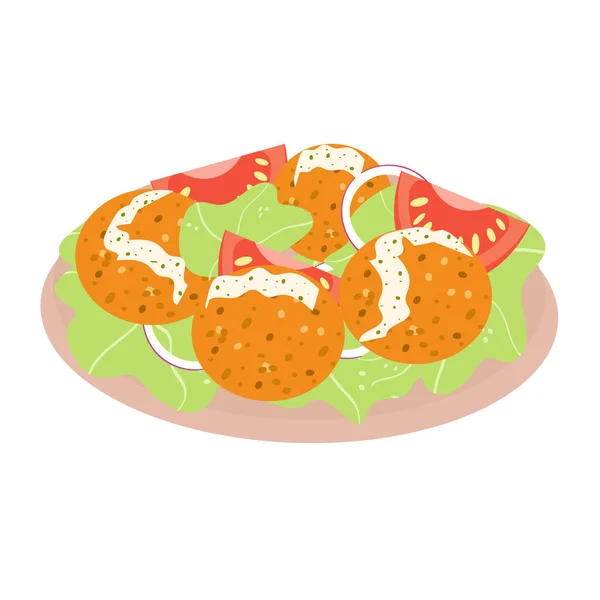 Plate Falafel Salad Isolated White Background Vegetarian Food Vector Illustration — Stock Vector