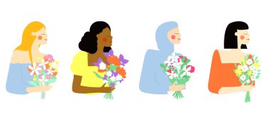   Ellerinde çiçek buketleri olan güzel genç kadınlar. Farklı saç renklerine sahip vektör kızlar, beyaz arka planda izole edilmiş farklı milletler..