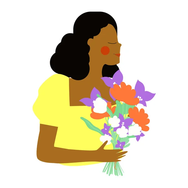 Όμορφη Αφρο Αμερικανίδα Μπουκέτο Λουλούδια Διάνυσμα Νεαρή Γυναίκα Προφίλ Ένα — Διανυσματικό Αρχείο
