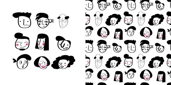 Black White Icons People Faces Isolated White Background Seamless Vector — ストックベクタ