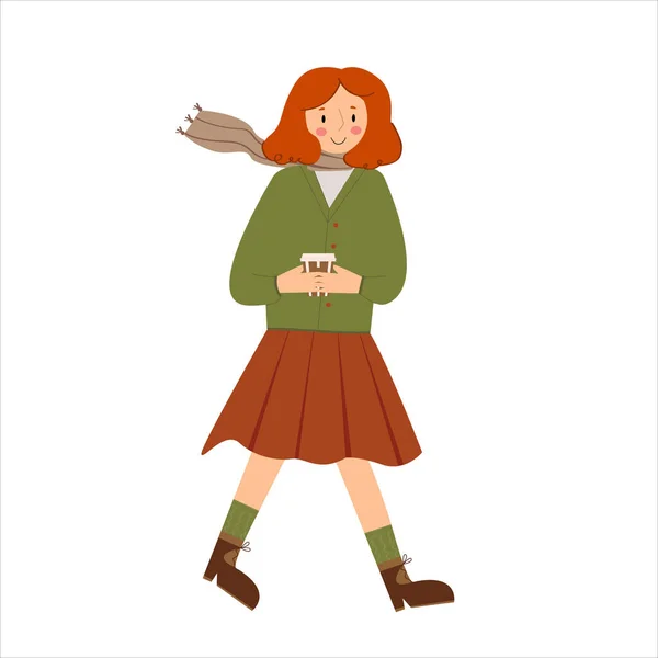 Ένα Κορίτσι Φθινοπωρινά Ρούχα Περπατάει Καφέ Διανυσματική Επίπεδη Γυναίκα Απομονωμένη — Διανυσματικό Αρχείο