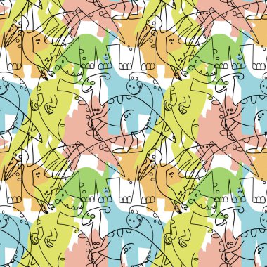 Renkli siluetler ve dinazorların doğrusal figürleriyle kusursuz çocuk vektör deseni. Çocuksu dinazor süsü..