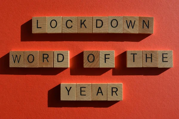 Lockdown Woord Van Het Jaar Woorden Geïsoleerd Rode Achtergrond — Stockfoto