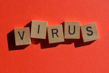 Virüs, alfabe harflerindeki kelime parlak kırmızı arkaplanda izole edilmiş.