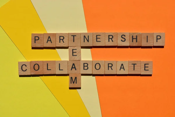 Partnership Team Collaborate Words Wooden Alphabet Letters Crossword Form — Stock Photo, Image