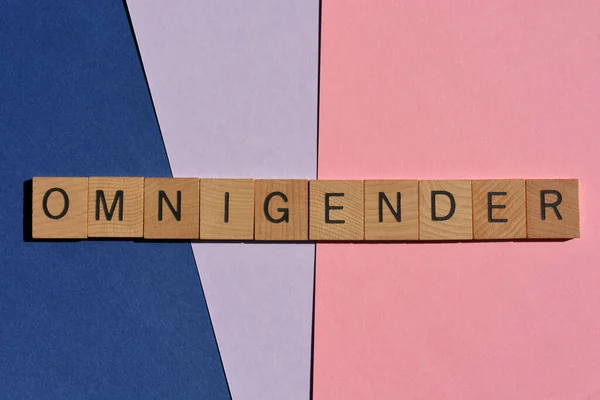 Omnigender Palabra Letras Alfabeto Madera Aisladas Sobre Fondo Azul Rosa — Foto de Stock