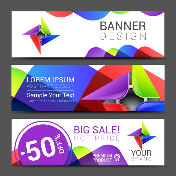 Un conjunto de banners horizontales con logotipo abstracto a todo color para su negocio — Vector de stock