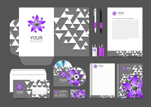 Set dari elemen identitas perusahaan abu-abu dan ungu dengan logo orang untuk bisnis Anda - Stok Vektor