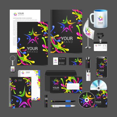 Kurumsal kimlik vektör şablonları ile sulu boya renkli noktalar boya logosu insanlar koymak.