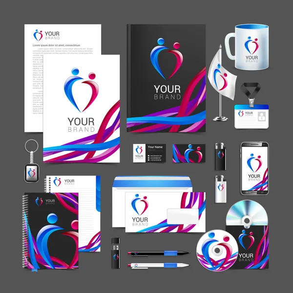 Conjunto de elementos de identidad corporativa para su negocio con el logotipo de la gente y brillante fondo colorido sobre el tema de las redes sociales y la tecnología moderna — Vector de stock