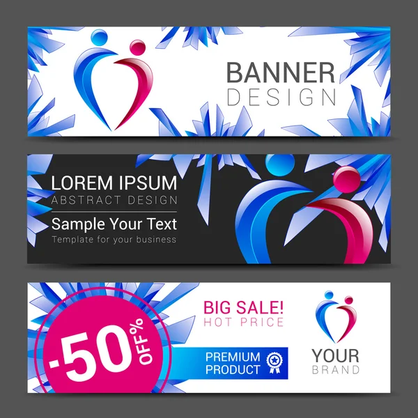 Aantal horizontale banners voor uw bedrijf met mensen logo en heldere kleurrijke achtergrond vector banner met voorbeeldtekst — Stockvector