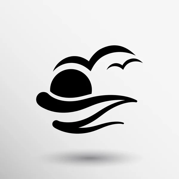Siluet burung laut pada ikon gelombang matahari - Stok Vektor