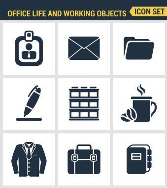 Simgeler iş öğeleri, ofis araçları, çalışma nesneleri ve yönetim öğeleri nin üstün kalitesini ayarlar. Modern pictogram koleksiyonu düz tasarım tarzı. Yalıtılmış beyaz arka plan.