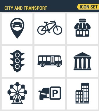 Simgeler çeşitli şehir unsurları, sokak ulaşım işareti prim kalite ayarlayın. Modern pictogram koleksiyonu düz tasarım tarzı. Yalıtılmış beyaz arka plan.