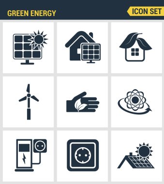 Simgeler çevre dostu yeşil enerji, güç temiz kaynakları nın üstün kalite ayarlayın. Modern pictogram koleksiyonu düz tasarım tarzı sembol koleksiyonu. Yalıtılmış beyaz arka plan.