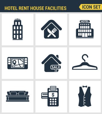 Simgeler otel servis olanakları, kiralık ev tesisleri prim kalitesini ayarlayın. Modern pictogram koleksiyonu düz tasarım tarzı sembol koleksiyonu. Yalıtılmış beyaz arka plan.