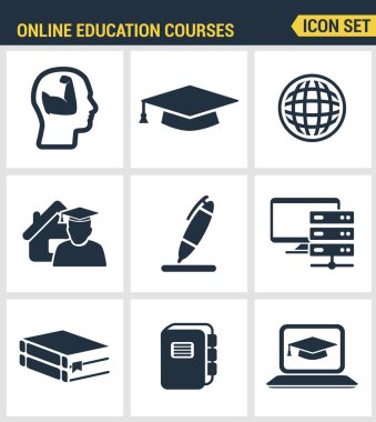 Simgeler online eğitim sınıfı ve internet ders çalışması prim kalitesini ayarlayın. Modern pictogram koleksiyonu düz tasarım tarzı sembol koleksiyonu. Yalıtılmış beyaz arka plan.