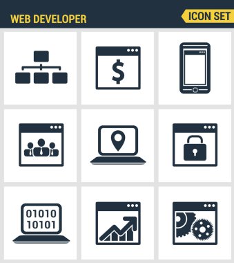 Simgeler uyarlanabilir web sitesi özelleştirme prim kalitesini ayarlamak, web geliştirmek süreci. Modern pictogram koleksiyonu düz tasarım tarzı sembol koleksiyonu. Yalıtılmış beyaz arka plan.