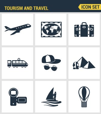 Simgeler turizm seyahat taşımacılığı, tatil oteli gezisi prim kalitesini ayarlayın. Modern pictogram koleksiyonu düz tasarım tarzı sembol koleksiyonu. Yalıtılmış beyaz arka plan.