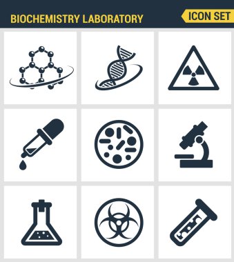 Simgeler biyokimya araştırma, biyoloji laboratuvar deney prim kalitesini ayarlayın. Modern pictogram koleksiyonu düz tasarım tarzı sembol koleksiyonu. Yalıtılmış beyaz arka plan.