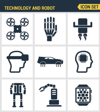 Simgeler, geleceğin teknolojisinin ve yapay akıllı robotun üstün kalitesini belirler. Modern pictogram koleksiyonu düz tasarım tarzı sembol koleksiyonu. Yalıtılmış beyaz arka plan.