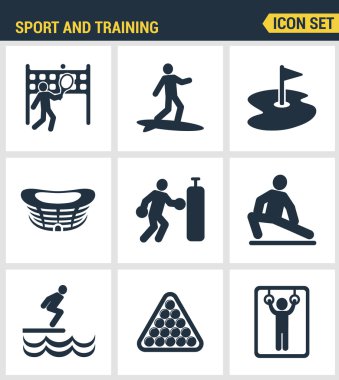 Simgeler açık spor eğitim, çeşitli spor aktivite Modern piktogram koleksiyonu düz tasarım stil sembolü koleksiyonu sigorta primi kalitesini ayarlayın. İzole beyaz arka plan.