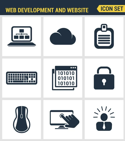 Los iconos establecen la calidad premium del desarrollo web y el proceso de programación de sitios web, codificación de páginas web y creación de interfaces de usuario. Estilo moderno diseño plano de la colección de pictogramas. Fondo blanco aislado . — Vector de stock