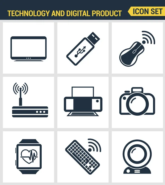 Simgeler bilgisayar teknolojisi ve elektronik cihazlar, cep telefonu iletişimi ve dijital ürün üstün kalite ayarlayın. Modern pictogram koleksiyonu düz tasarım tarzı. Yalıtılmış beyaz arka plan. — Stok Vektör