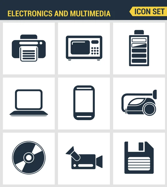 Los iconos establecen la calidad superior de la electrónica del hogar y los dispositivos multimedia personales. Estilo moderno diseño plano de la colección de pictogramas. Fondo blanco aislado . — Vector de stock