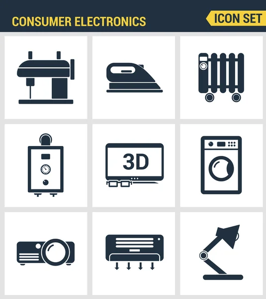 Simgeler ev aletleri, ev tüketici elektroniği prim kalitesini ayarlayın. Modern pictogram koleksiyonu düz tasarım tarzı sembol koleksiyonu. Yalıtılmış beyaz arka plan. — Stok Vektör