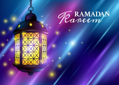 Ramazan Kareem selamlar renkli kümesiyle fenerler veya koyu parlayan arka planda Fanous. 3D gerçekçi vektör çizim