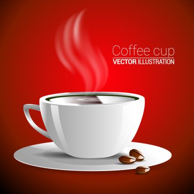 Kırmızı arkaplan çizimi üzerinde beyaz kokulu sıcak kahve fincanı