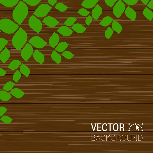 Feuilles vertes sur une texture de bois. Fond de saison vectoriel avec branches d'arbres, clôture texturée en bois — Image vectorielle