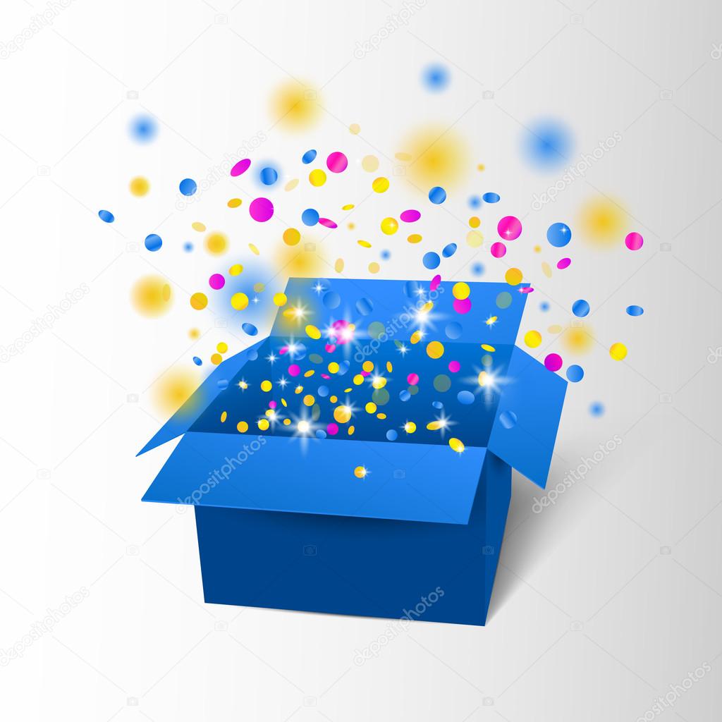Happy Birthday Box with Confetti Surprise. Vector blue box explosion