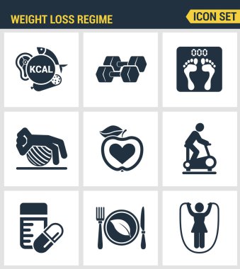 Simgeler kilo kaybı rejimi fitness jimnastik sakız simgesi seti prim kalitesini ayarlamak. Modern pictogram koleksiyonu düz tasarım tarzı sembol koleksiyonu. Yalıtılmış beyaz arka plan.